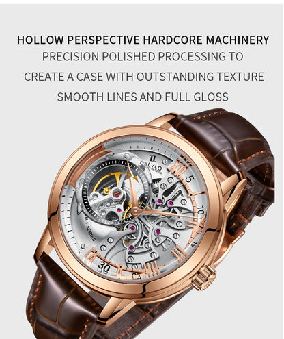 OBLVLO Luxury Retro Casual Men Skeleton Automatic Watches Mechanical Calfskin Strap Mineral Crystal Glass Waterproof Dial 45 VM