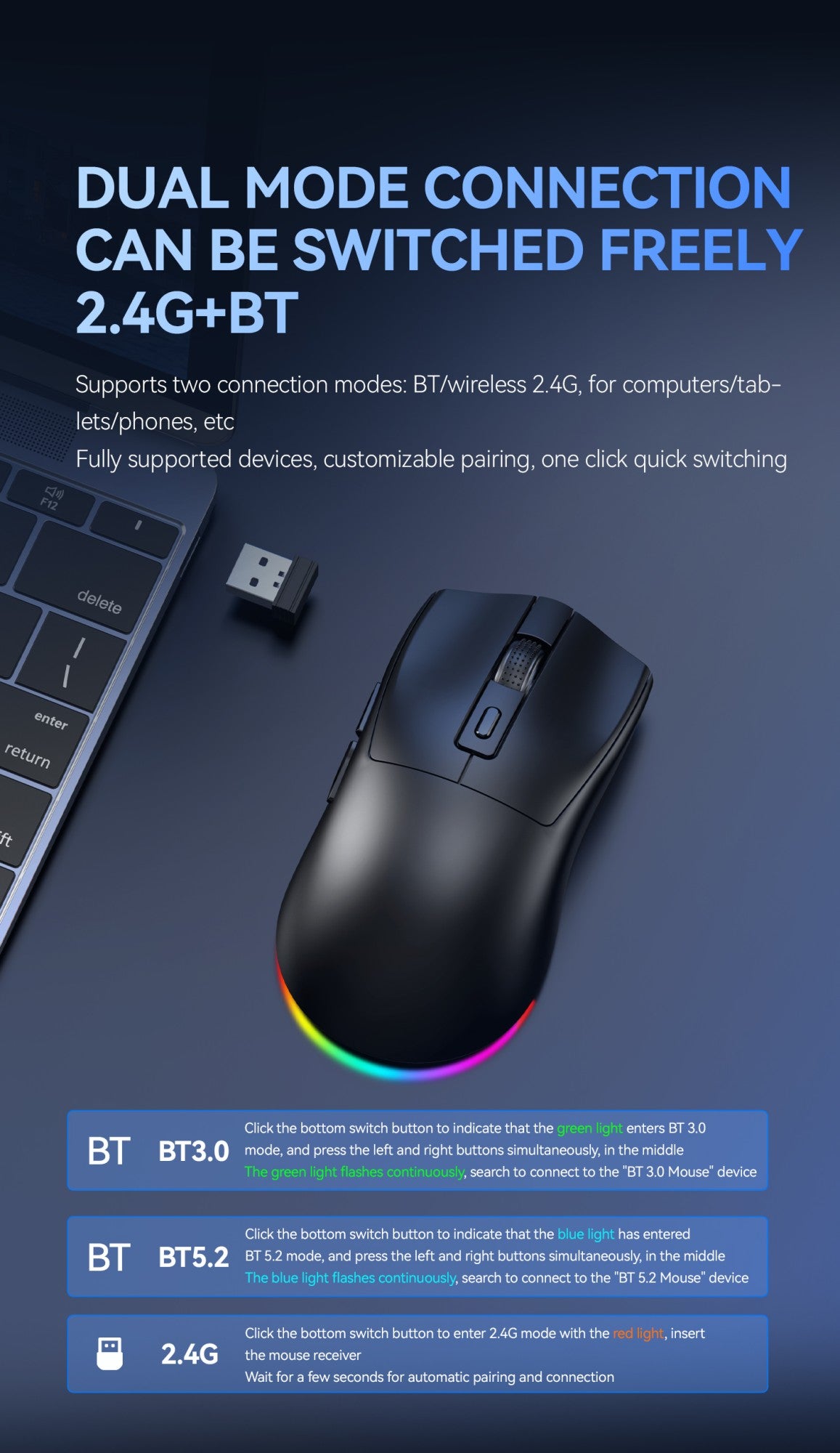 Dual-Mode Wireless Mouse | Magnetic Charging Dock | RGB Backlit | 3-Speed DPI (800-1200-1600) | 2.4G/BT | Suitable for daily use
