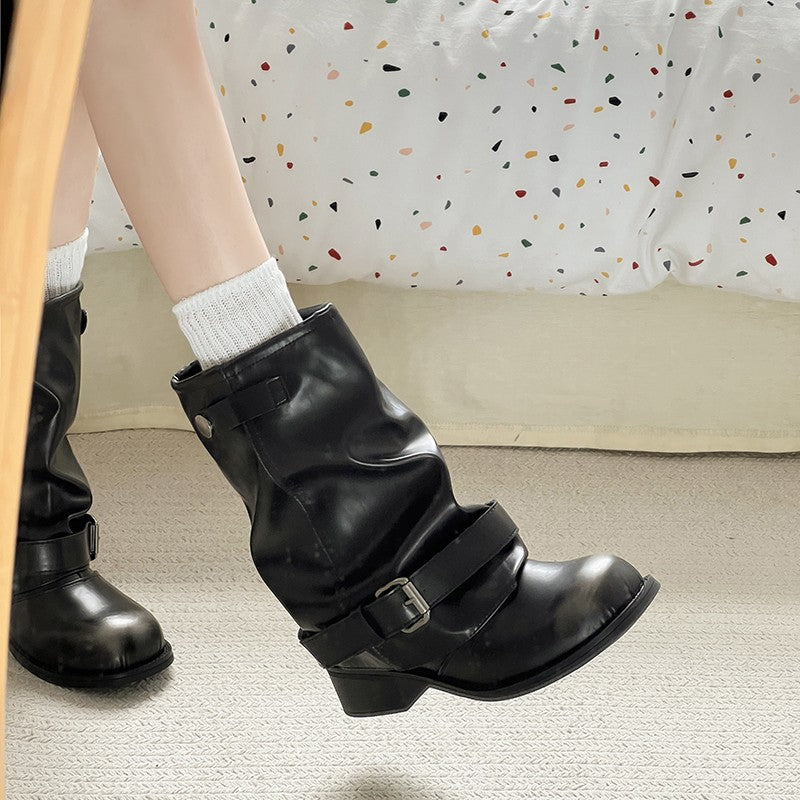 Vintage Thick Heel Women Western Cowboy Boots Fashion Belt Buckle Slip On Shoes Ladies Pleated Short Booties Autumn Winter