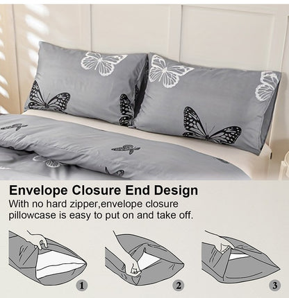 Conjunto de Capa de Edredom com Estampa de Borboleta 3 Peças, Conjunto de Cama Macio e Suave para a Pele Inclui 1 Capa de Edredom e 2 Fronhas