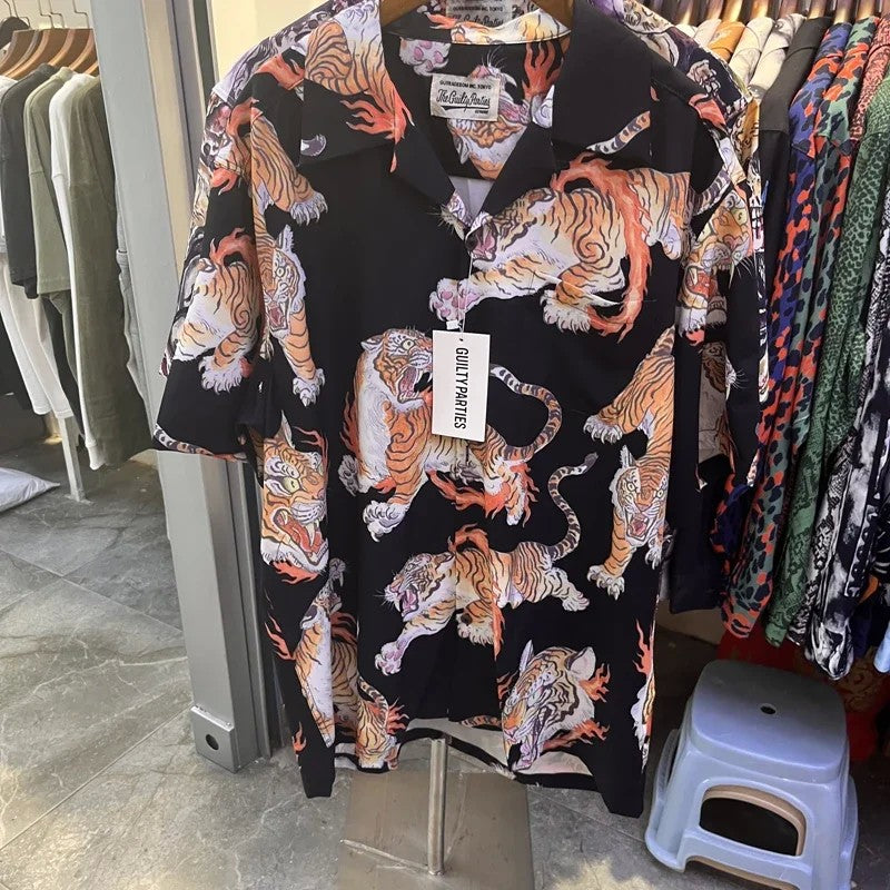 Classics Summer WACKO MARIA Shirts Full Print Leopard Rayon Short-sleeved Real Photos Hawaiian Shirt for Men Women