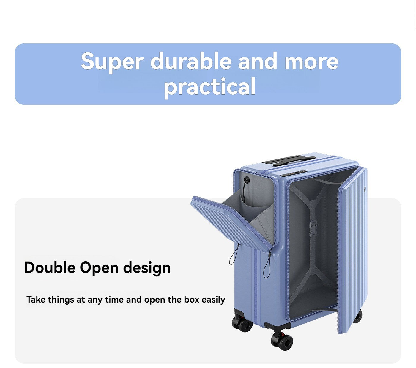 Nova Bagagem com Abertura Frontal de Grande Capacidade, Expansível, Porta-Copos, Carregamento USB, Alça Telescópica e Rodas Universais