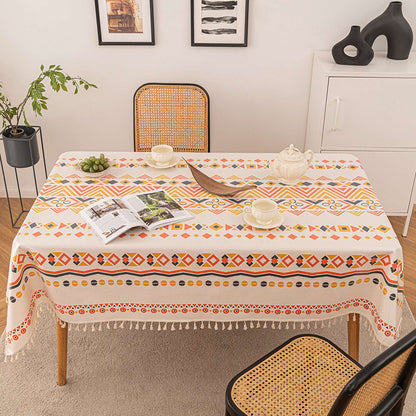 Vintage Boho Tassel Table Cloth Waterproof Cotton Linen Bohemian Tablecloth Patio Outdoor Wrinkle Free Table Protector Covers