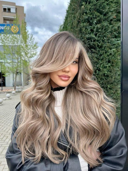 HENRY MARGU Peruca Sintética Lace Front 13x6 Peruca Longa Castanho Cinza Cabelo Ondulado Natural para Uso Diário Peruca de Fibra de Alta Temperatura