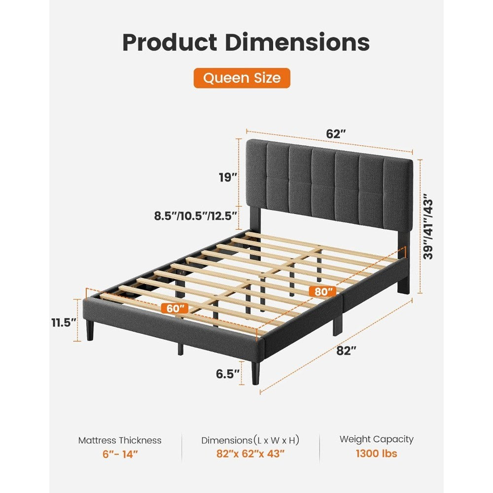 Queen Bed Frame with 12 Thickened Legs&Fabric Upholstered Headboard,1300 lbs Strong Weight Capacity, Adjustable Headboard
