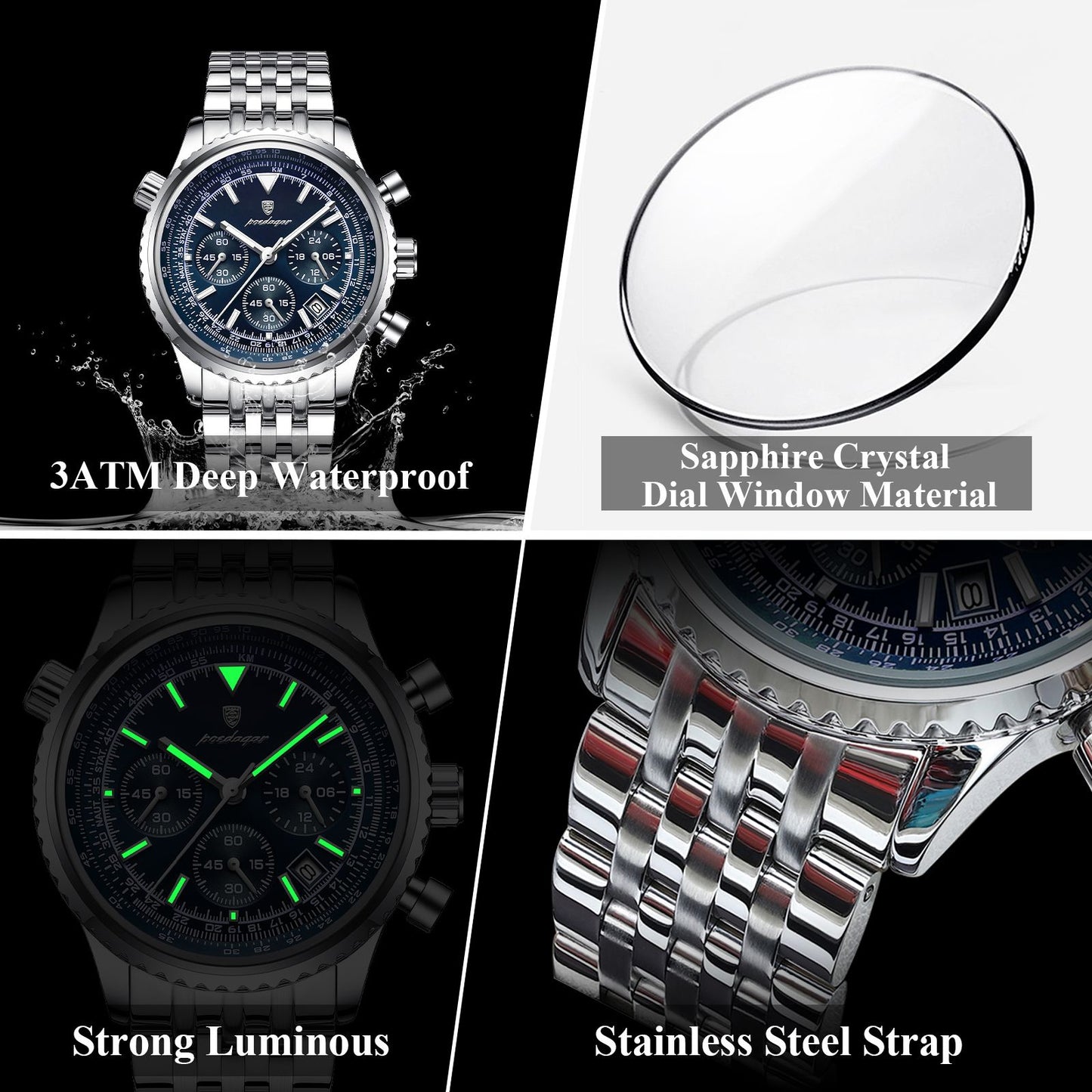 POEDAGAR Luxury Sport Man Watch Chronograph Date Waterproof Luminous Men's Quartz Watches Stainless Steel Fashion Men Wristwatch
