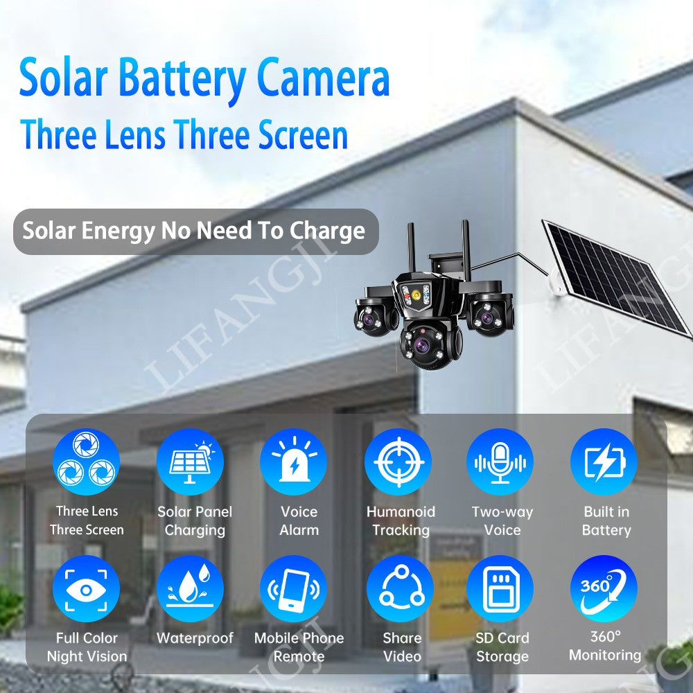 V380 Pro WiFi Wireless Solar Camera 4G Sim Card Three Screen Outdoor Solaire CCTV Three Lens Battery 360 Solar Security Cameras