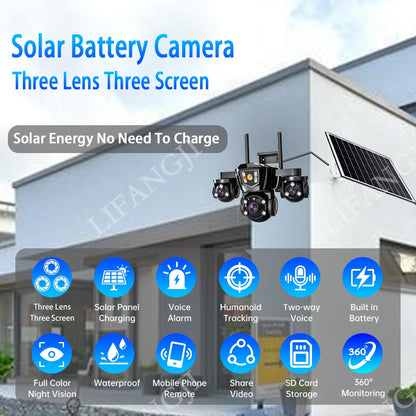 V380 Pro WiFi Wireless Solar Camera 4G Sim Card Three Screen Outdoor Solaire CCTV Three Lens Battery 360 Solar Security Cameras