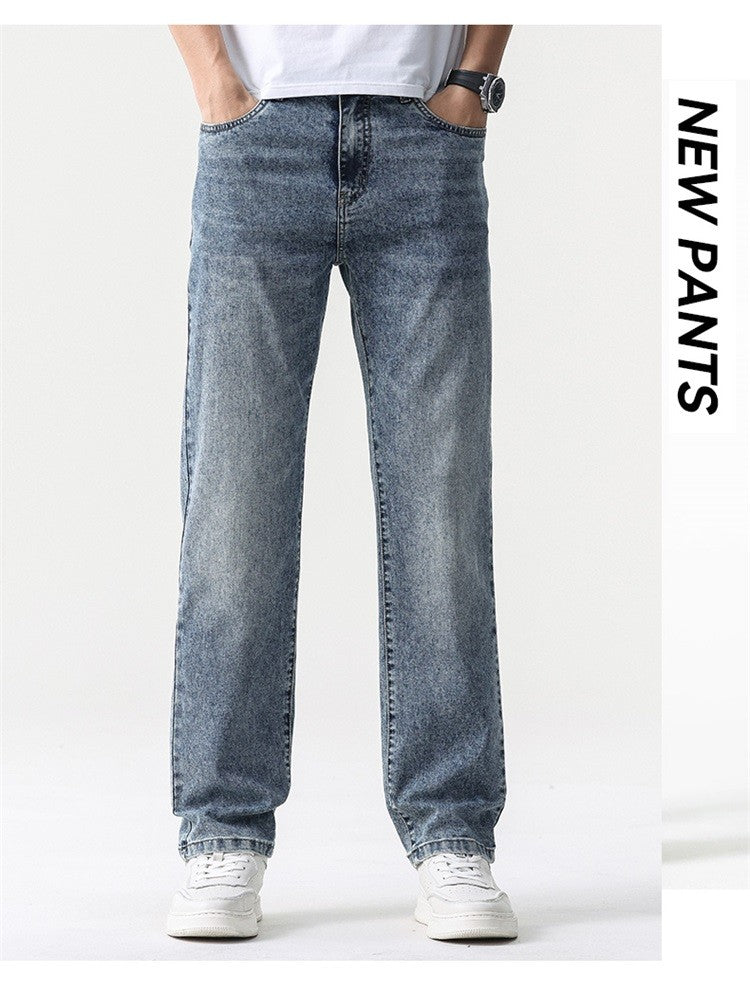 Calça Jeans Masculina Clássica Solta Reta Wide Leg de Sarja Lavada de Alta Qualidade Masculina Fina Fresca Elástica Masculina Casual de Caimento Regular