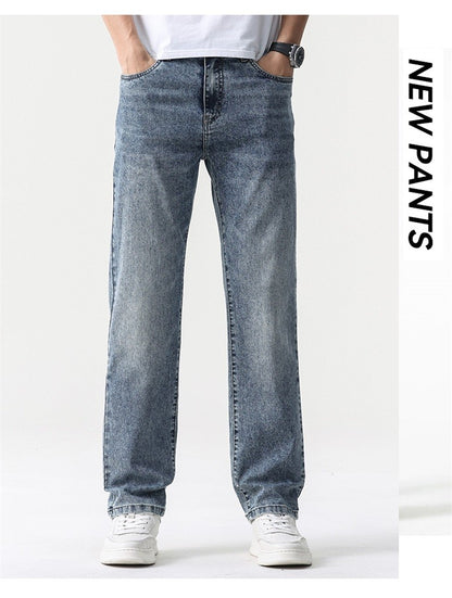 Calça Jeans Masculina Clássica Solta Reta Wide Leg de Sarja Lavada de Alta Qualidade Masculina Fina Fresca Elástica Masculina Casual de Caimento Regular