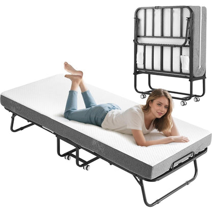 Folding Bed with Memory Foam Mattress, Portable Rollaway Guest Beds on Wheels, 75x31 Twin Size Space-Saving Cot-Size Bed for Adu