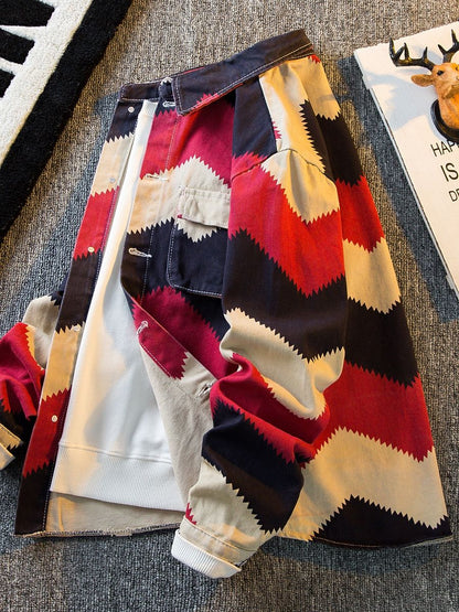 American Retro Diamond Denim Shirt Men Clothing Autumn Polo Neck Trendy High Strret Loose Casual Blouses Cargo Jacket for Men