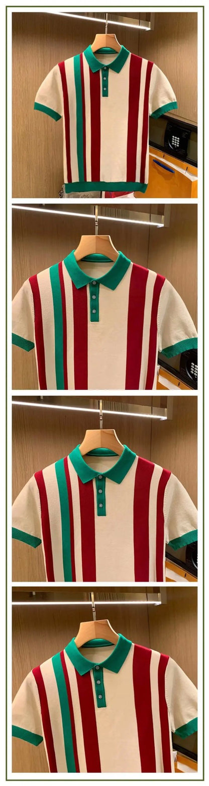 British Luxury Men's Fashion Slim Fit Knit Polo Shirt Casual Style Vertical Stripe Color Block Short Sleeves Sweater