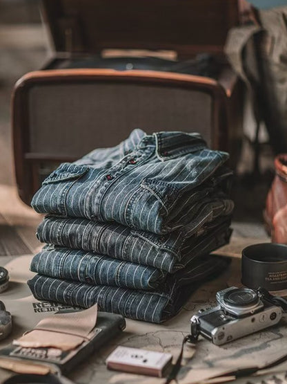 Streetwear Men's Denim Shirts Casual Long Sleeve Buttoned Lapel Striped Blouse Shirt for Men Spring Casual Cargo Shirt Tops