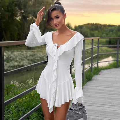 Ruffled Lace-Up White Mini Dress Women's V-Neck Patchwork Long Sleeve Sexy Slim