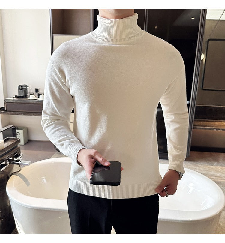 Korean Fashion Autumn Winter Sweaters Men Pullovers Fleece Turtleneck Knitted Sweatshirt Warm Bottoming Shirts
