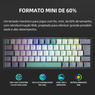 Machenike K500-B61 Mini Teclado Mecânico 60% Layout ABNT2 Retroiluminação RGB Hot-swappable NKRO Teclado Gamer Com Fio Para PC
