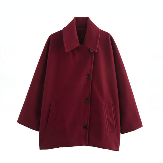 Women's Oblique Button Loose Batwing Sleeve Jacket Coat Lapel Double Pocket Warm Solid Vintage Outerwear Fall Winter Coat