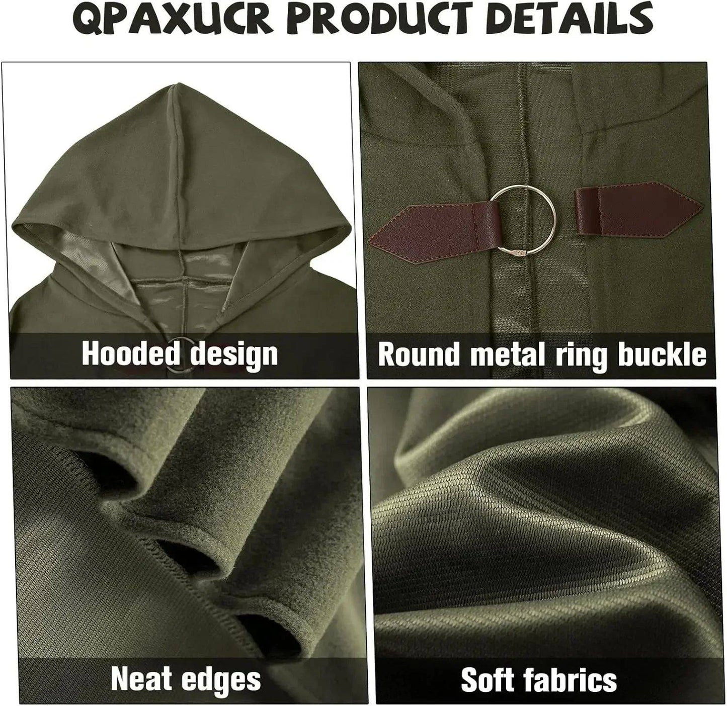 Cloak with Hood Men?Medieval Costume Men Round Metal Buckle Cloak with Green Leaf Brooch Necklace for Halloween