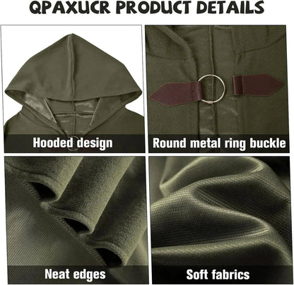 Cloak with Hood Men?Medieval Costume Men Round Metal Buckle Cloak with Green Leaf Brooch Necklace for Halloween