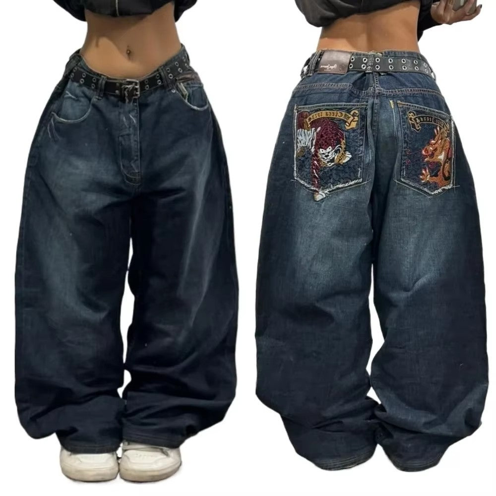 Retro Miss Me Boot Cut Jeans Female Y2K New Blue Jeans Embroidered Wing Pocket Hip Hop Harajuku Gothic Wide Pants Street Wear