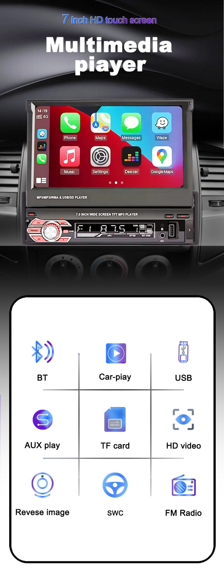 LEHX 1 Din 7inch IPS Retractable Screen Car Radio  Multimedia Player Universal Audio Video Wired CarPlay Android Auto