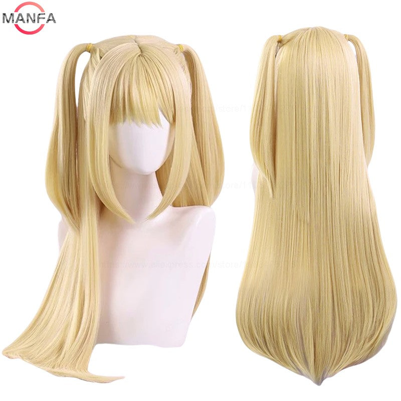 Peruca MisaMisa Cosplay Misa Amane Longa Loira Dupla Rabo de Cavalo Cabelo Sintético Resistente ao Calor Perucas + Touca de Peruca