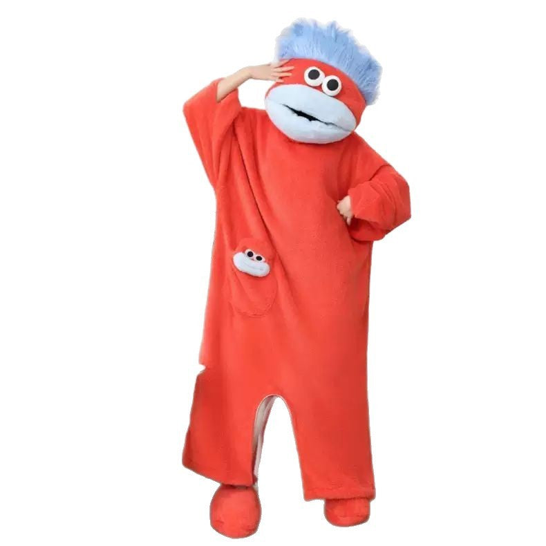 Funny Big Mouth Monster Onesie Pajamas Fluffy Coral Fleece Hooded Loungewear with Pocket Cartoon Party Costume