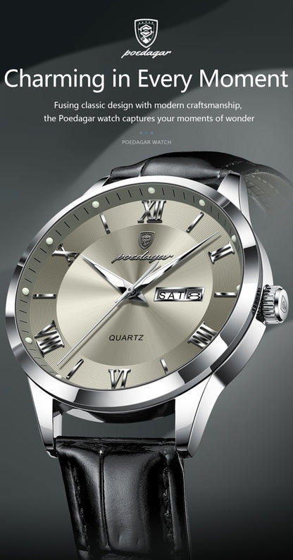 POEDAGAR Top Luxury Watch For Men Military Waterproof Luminous Date Week Man Wristwatch Leather Men's Quartz Watches Sport Reloj