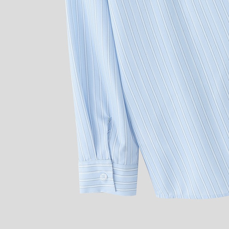 INCERUN Men Striped Shirt Lapel Long Sleeve Lace Up Hollow Out Men Clothing Oversize Korean Style Streetwear Casual Shirts Men