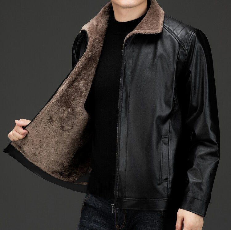 Men's Autumn and Winter Long Sleeved Leather Jacket with Fleece Collar for Warmth and Fashion Leather Jacket Men