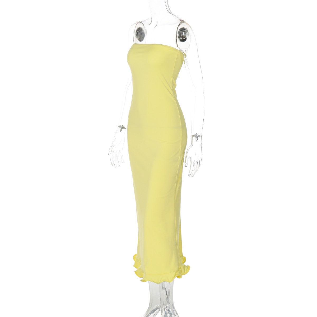 Dulzura Sleeveless Ruffles Patchwork Strapless Bodycon Midi Dress Women'S Solid