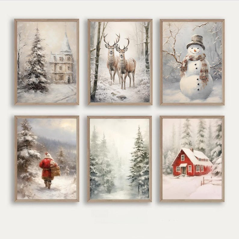 Santa Claus Christmas Tree Canvas Print Snow Landscape Paint Winter Christmas Wall Art Poster for Modern Living Room Home Decor