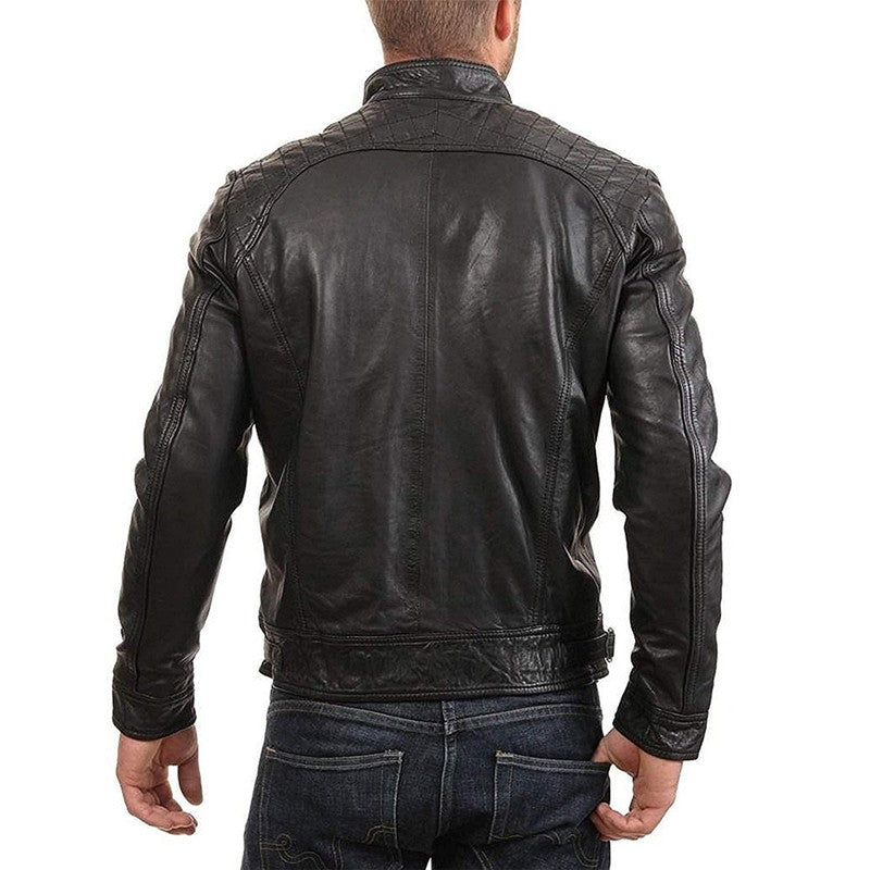 Men' s Retro Leather Jacket Stand Collar Biker Jacket Slim fit Multi-Pocket Coat Autumn Winter Outwear