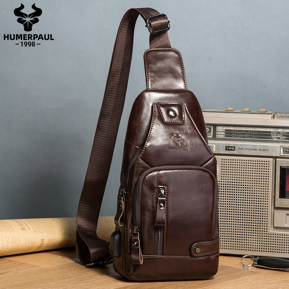 HUMERPAUL Men's Usb Chest Bag 100% Genuine Leather Crossbody Shoulder Bags Multifunction Travel Outdoor Messenger Pack Fashion