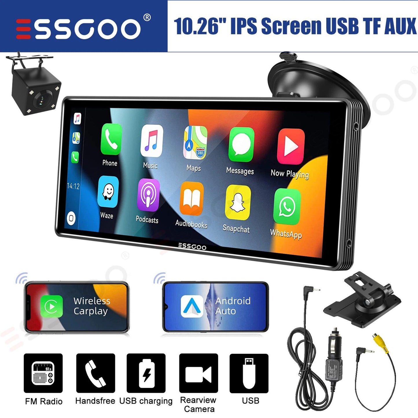 ESSGOO 10.26 Inch Portable Universal Car Stereo Apple CarPlay & Android Auto 4K IPS Touch Screen GPS Navi BT MP5 Player + Camera