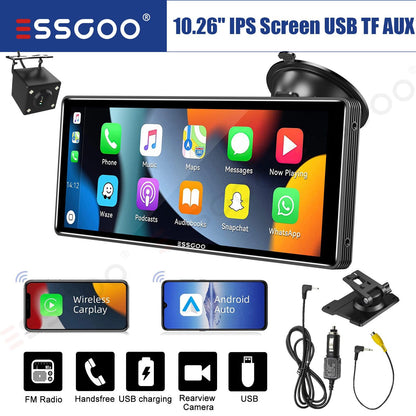 ESSGOO 10.26 Inch Portable Universal Car Stereo Apple CarPlay & Android Auto 4K IPS Touch Screen GPS Navi BT MP5 Player + Camera