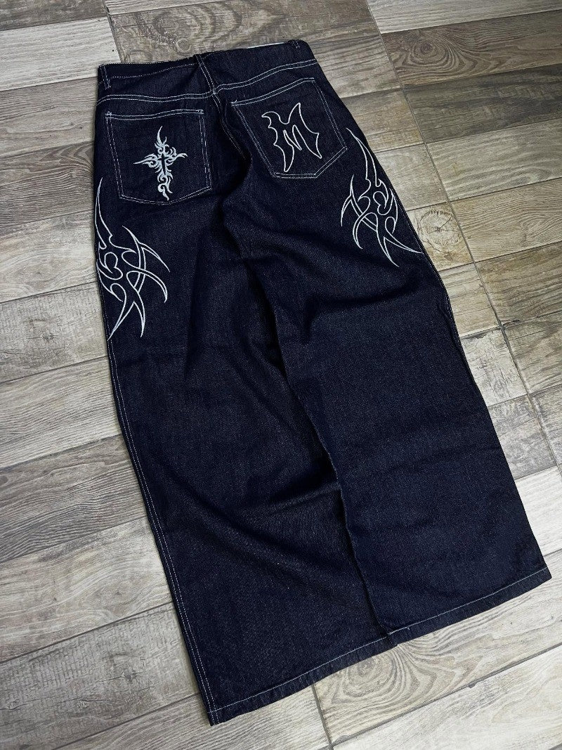 Retro Gothic Street Clothing Fashion Hip Hop American Loose Straight Wide Legs Women Line Harajuku Oversized Washed Jeans Men