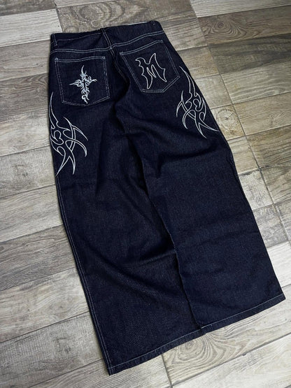 Retro Gothic Street Clothing Fashion Hip Hop American Loose Straight Wide Legs Women Line Harajuku Oversized Washed Jeans Men