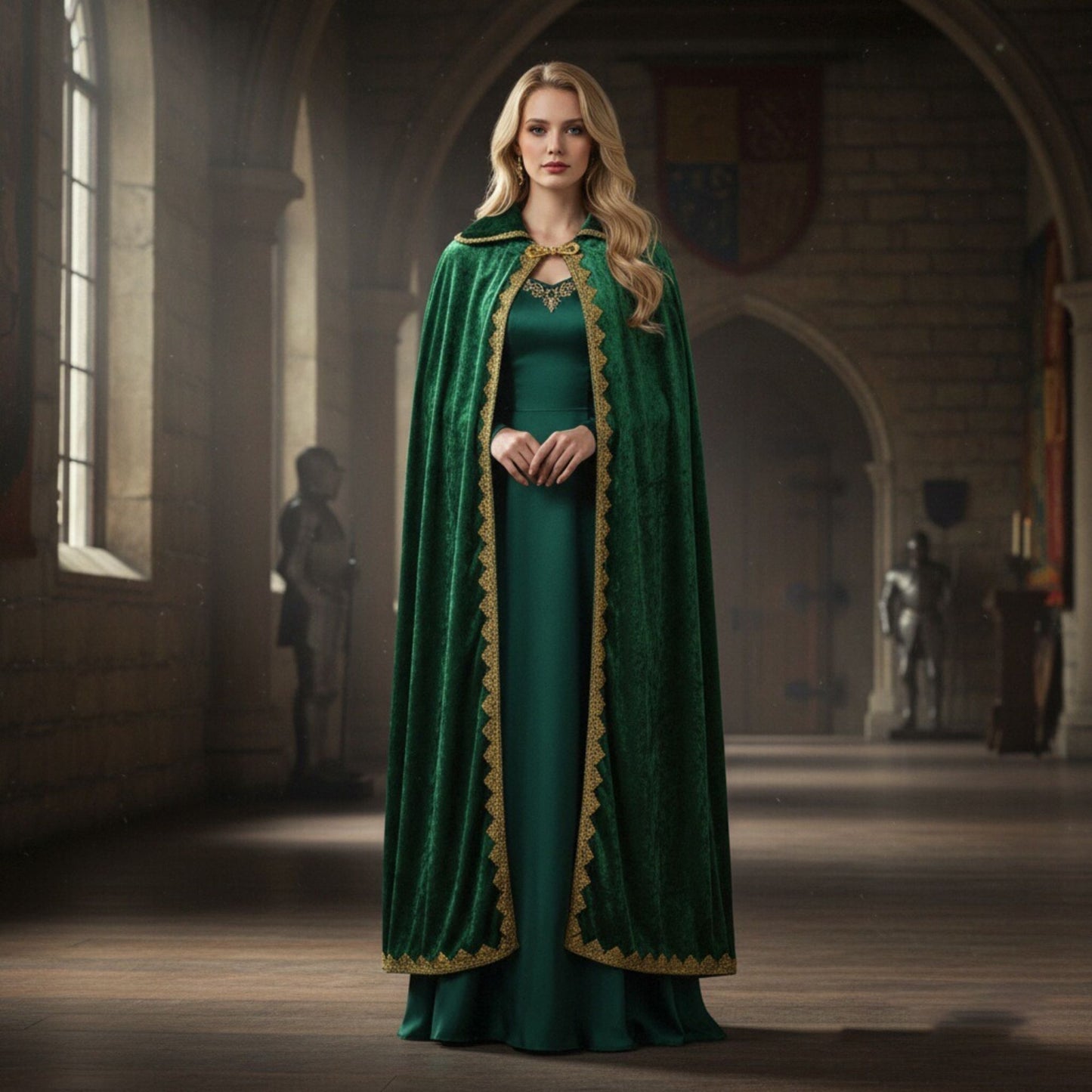 Medieval Royal Long Cape with Golden Lace Trim Floor Length Cloak Adult Men Women King Queen Halloween Cosplay Themed Party Cos