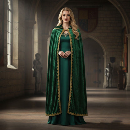 Medieval Royal Long Cape with Golden Lace Trim Floor Length Cloak Adult Men Women King Queen Halloween Cosplay Themed Party Cos