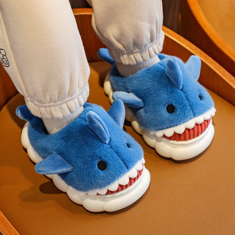 Winter Heel Wrap Cotton Children's Slippers Cute Cartoon Shark Non-slip Soft Sole Kids Boys Girls Junior Warm Plush Home Shoes
