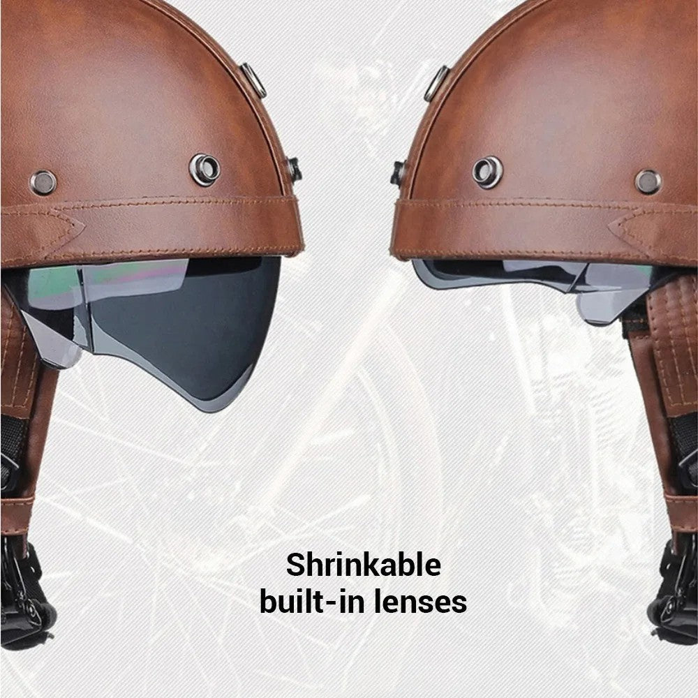 Retro Motorcycle Helmet PU Leather Moto Helmets Men Women Half Helmet HD Lens Casco Four Seasons Riding Scooter Capacetes