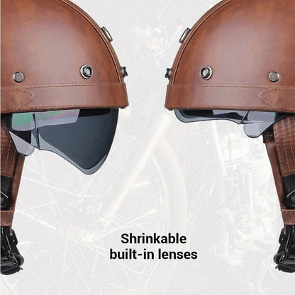 Retro Motorcycle Helmet PU Leather Moto Helmets Men Women Half Helmet HD Lens Casco Four Seasons Riding Scooter Capacetes