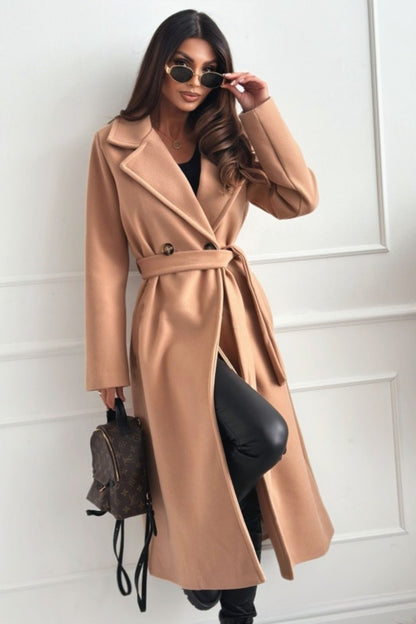 Women's Coat Warm Comfortable Buttons With Belt Elegant Solid Color Casual Daily Double Breasted Lapel Regular Fit Long Sleeve