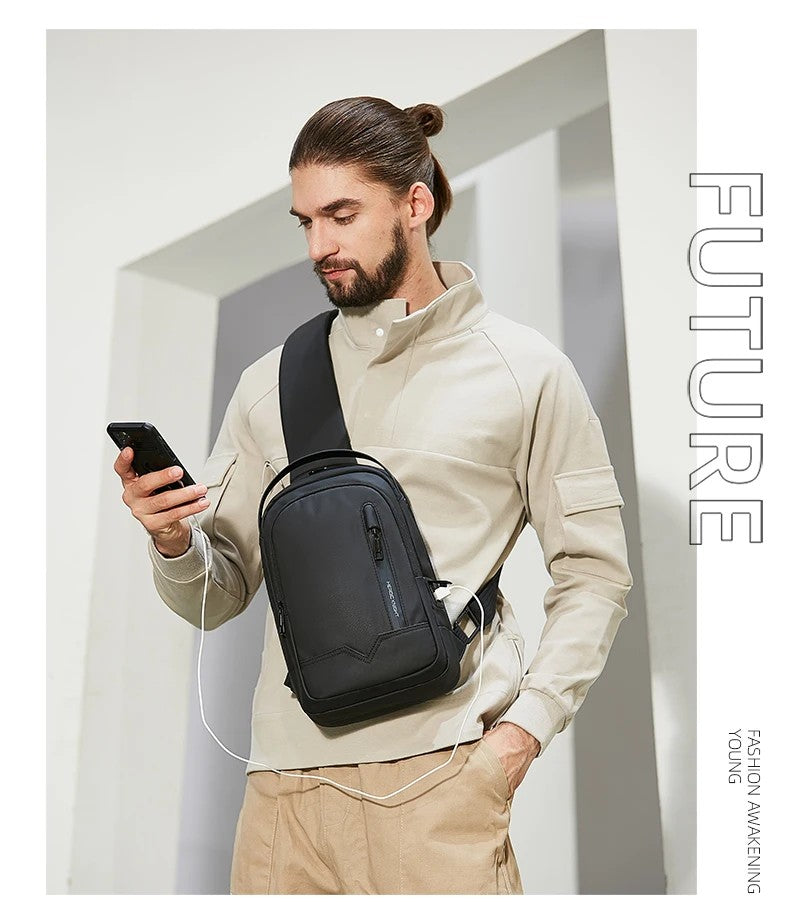 HK Waterproof Men's Shoulder Bag Lightweight Crossbody Bag Oxford Casual Satchel with USB Port Commute Business Chest Bag Male