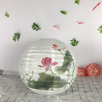 30CM Japanese Style Wedding Birthday Party Decoration Mid Autumn Festival Handheld Lantern Printed Flower Round Chinese Lantern