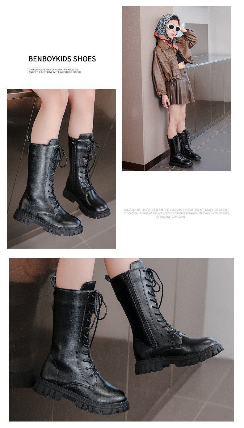 2025 Autumn/Winter  Fashion Cool Baby Girls Warm Square Heel Round Toe Casual Lace-Up Comfortable Kids Black Mid Boots