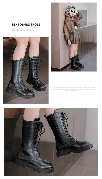 2025 Autumn/Winter  Fashion Cool Baby Girls Warm Square Heel Round Toe Casual Lace-Up Comfortable Kids Black Mid Boots
