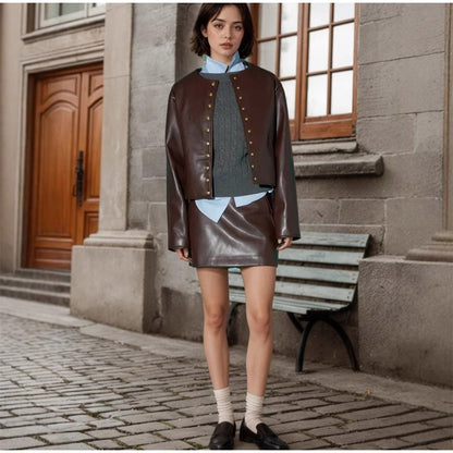 Full Sleeve Cropped Women Casual Slim Thin Motorcycle Coat Chic Zipper Lapel Wine Red Leather Jacket Lady New Highstreet Outwear